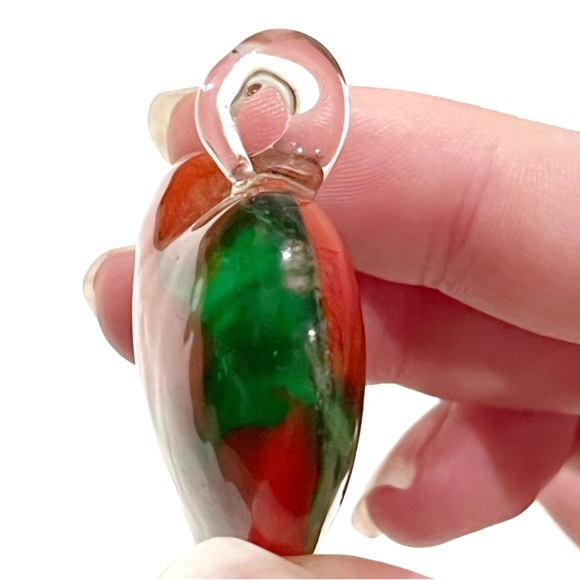 Large Art Glass Heart Necklace Pendant Red Green White Holiday Christmas Swirl - Picture 10 of 11